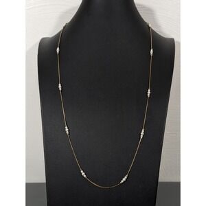 Vintage Gold Tone Chain Faux Pearl Station Long Necklace Classic Elegant 29.5 in